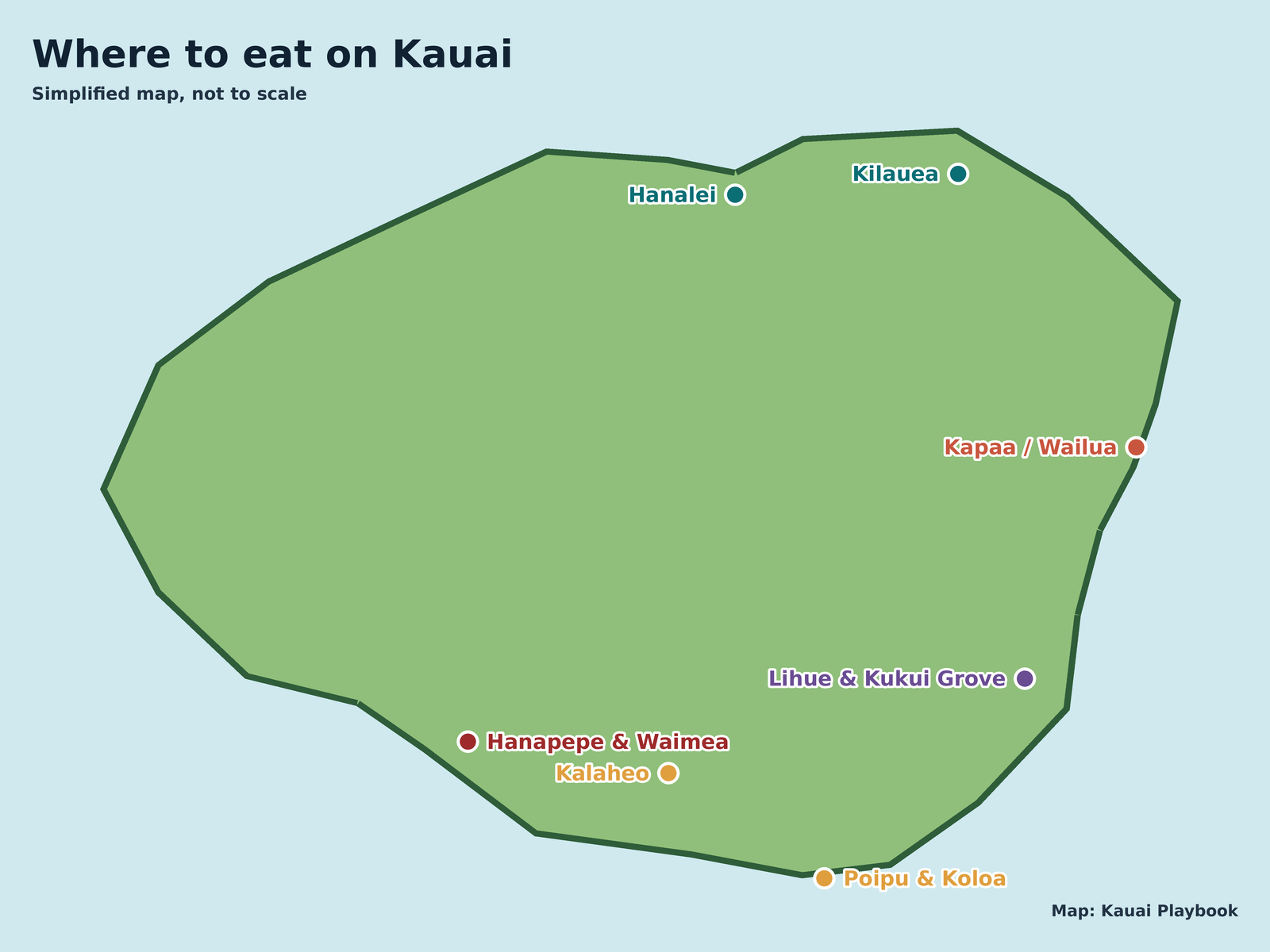 Map of Kauai showing restaurant areas: Hanalei, Kilauea, Kapaa, Lihue, Poipu, Kalaheo, Hanapepe and Waimea
