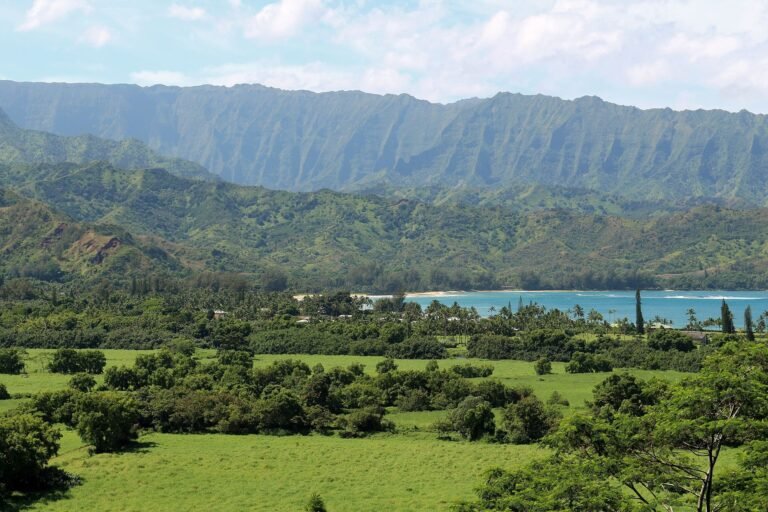 Hanalei Bay and mountains seen from Princeville, Kauai
