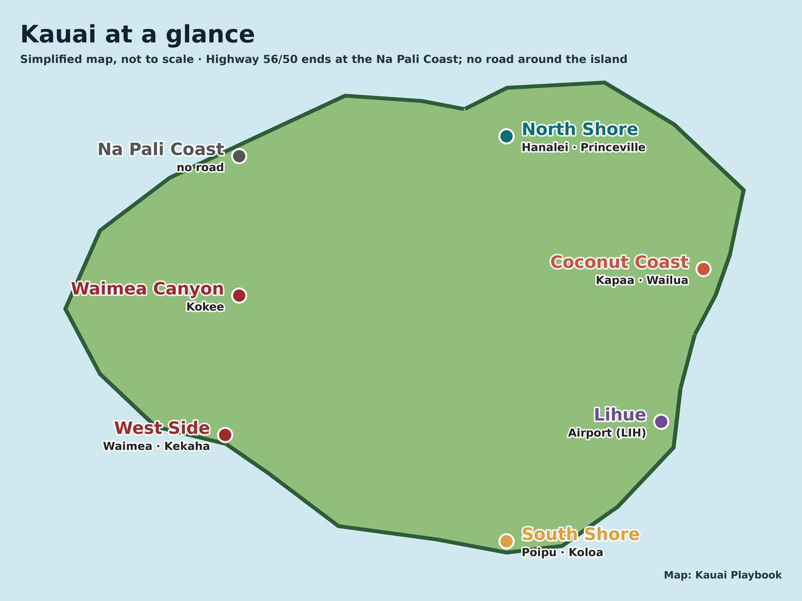 Simplified map of Kauai showing the North Shore, Coconut Coast, Lihue, South Shore and West Side