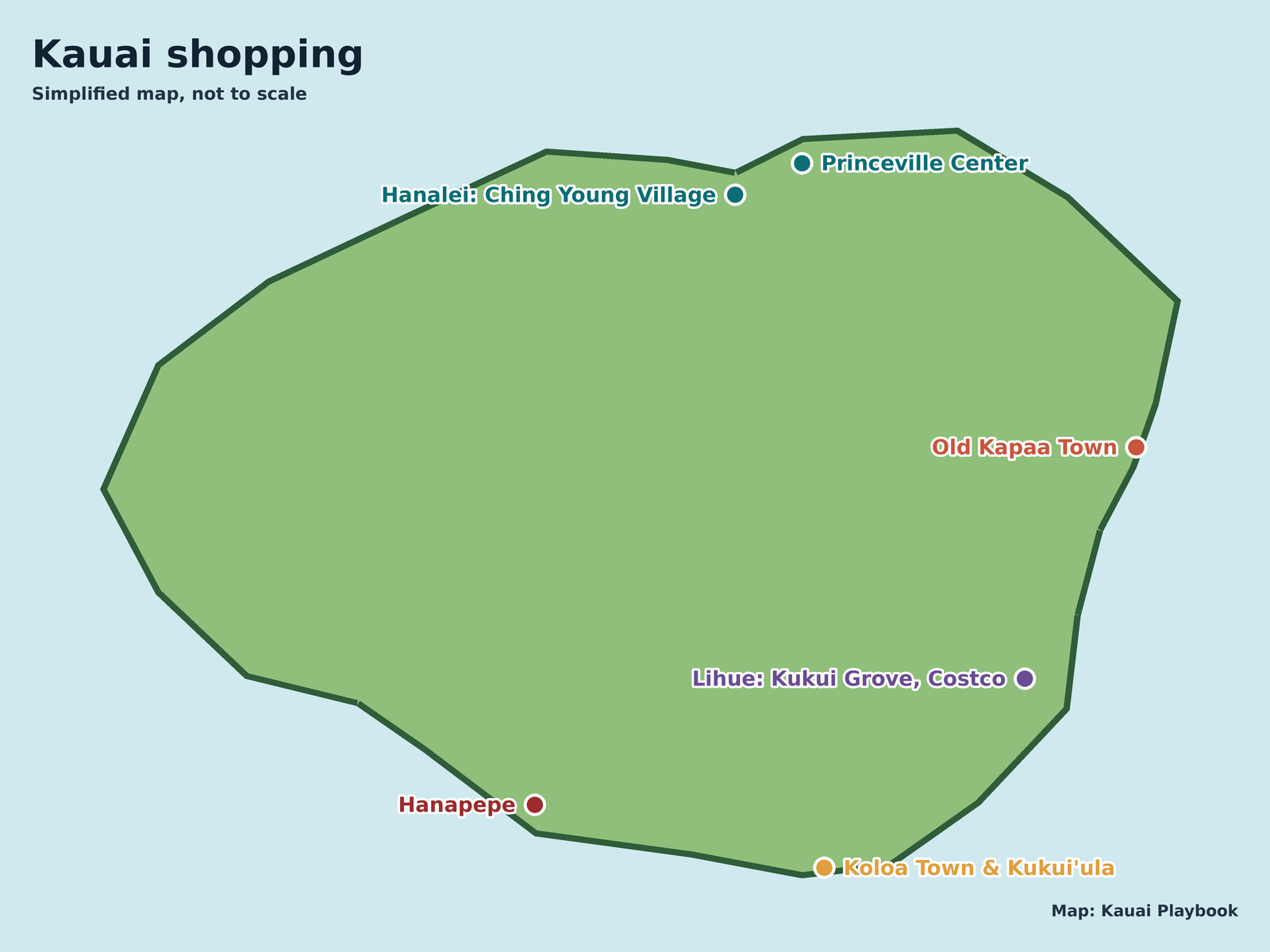 Map of Kauai shopping areas: Hanalei, Princeville, Kapaa, Lihue, Koloa and Hanapepe
