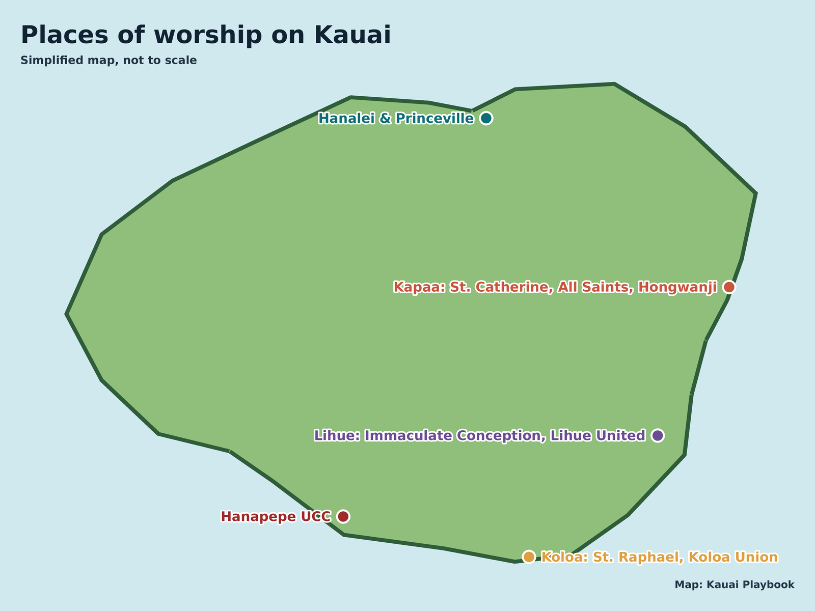 Map of Kauai showing places of worship in Hanalei, Princeville, Kapaa, Lihue, Koloa and Hanapepe