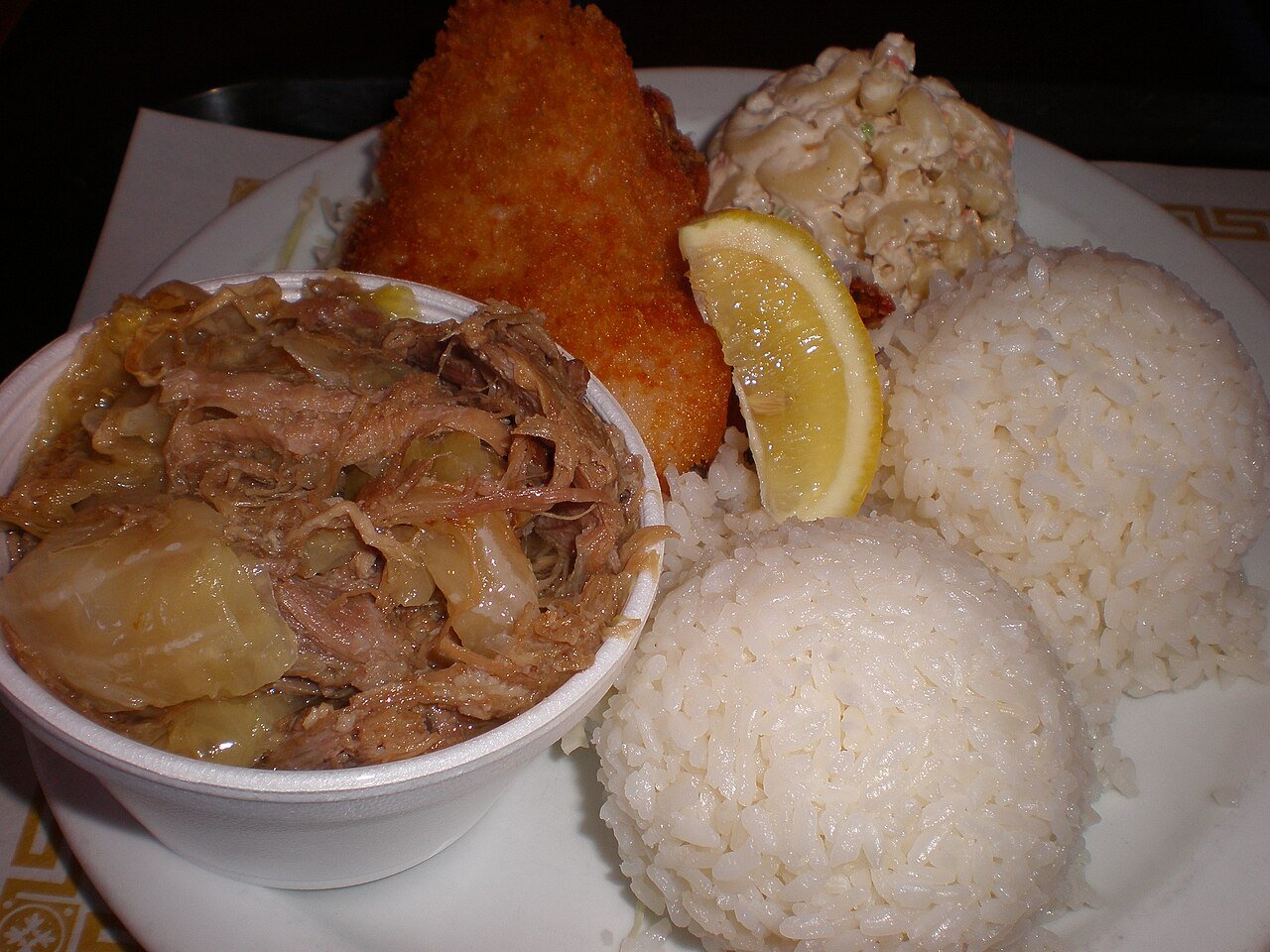Hawaiian plate lunch with rice, macaroni salad and kalua pork